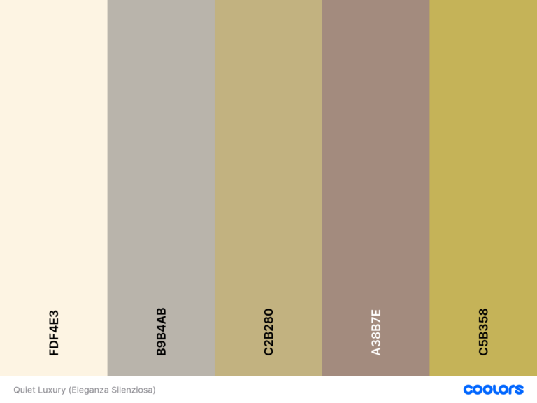 Palette colori matrimonio Quiet Luxury in una villa storica o dimora d'epoca: campioni bianco lana e greige caldo accostati a tortora e sabbia. Ispirazione wedding design minimalista e sofisticato basato su tonalità neutre e organiche a lucca