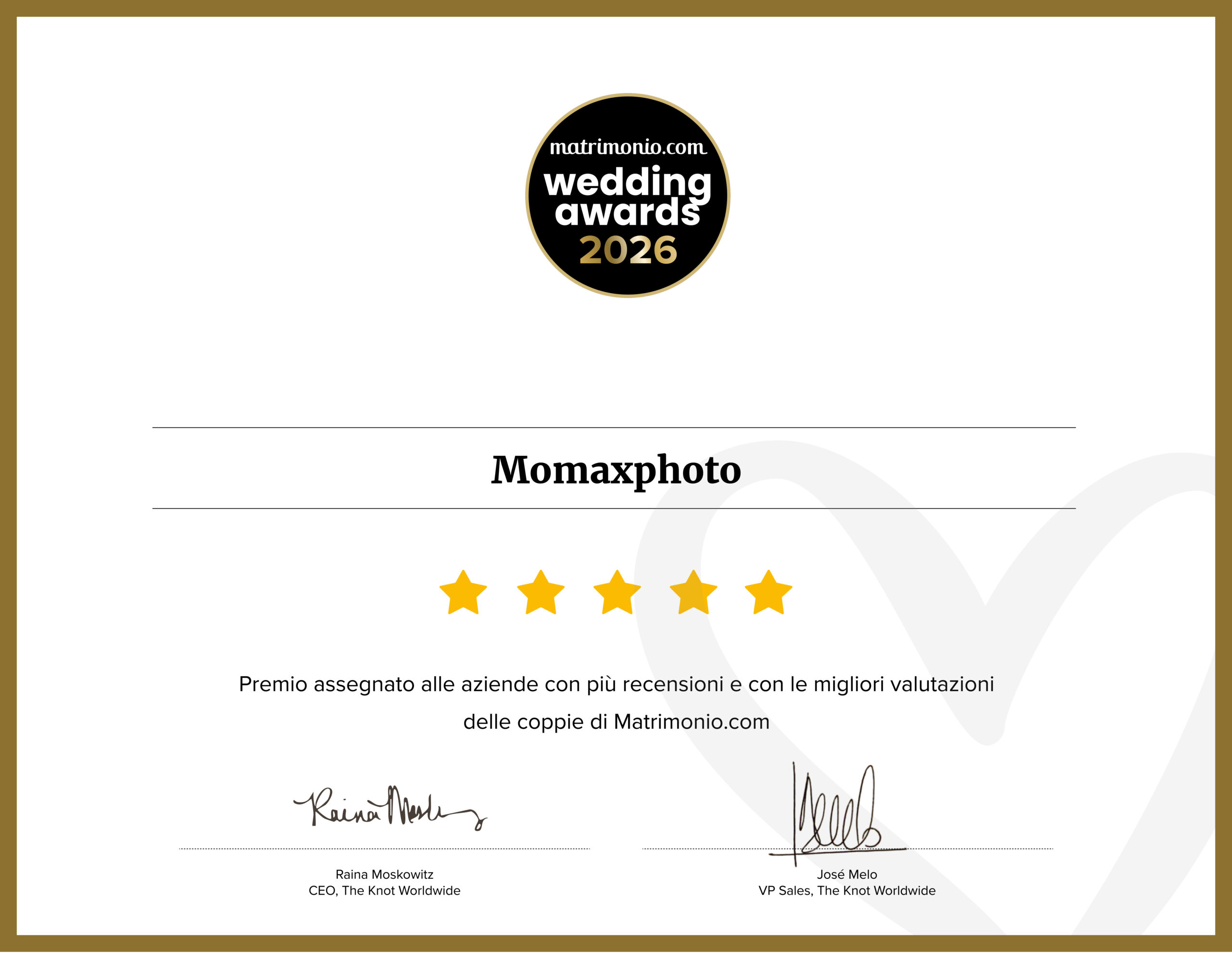Certificato Vincitore Wedding Awards 2026 Matrimonio.com - Fotografo più scelto a Lucca.