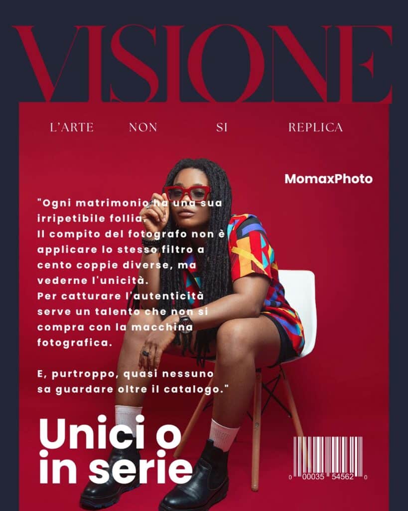 Quarta di copertina del magazine di Momaxphoto dal titolo Unici o in serie per combattere l'omologazione nella fotografia di matrimonio